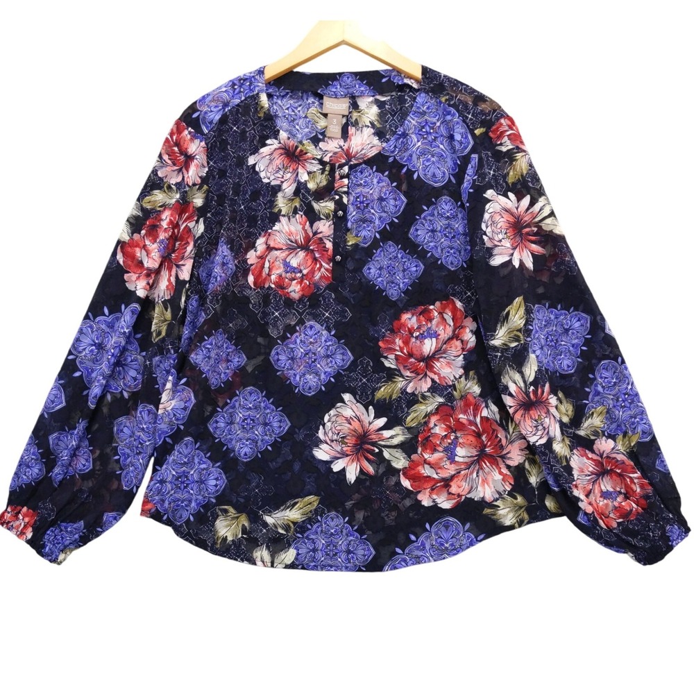 Chico's  Peasant Blouse‎ Top  sz 3 XL Sheer Textured Burnout Boho